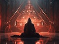 a mysterious monk meditating in a futuristic temple