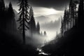 A mysterious, monochrome forest scene, where tranquility meets natures silhouette