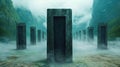 Mysterious monolithic structures in a misty landscape Royalty Free Stock Photo