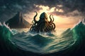 Mysterious monster Cthulhu in the sea, huge tentacles sticking out of the water, landscape. 3d illustration