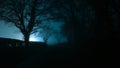 A mysterious moody, scary lane, Trees silhouetted against a light on a foggy atmospheric winters night