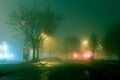 A mysterious moody street with trees silhouetted against street lights on a foggy atmospheric winters night