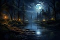 Mysterious Moon night river. Generate Ai Royalty Free Stock Photo