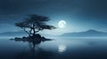 Mysterious Moonlit Seascape: Lone Tree On Island In The Night