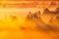 Mysterious Morning Time. Enchanted Morning Sun Shines On Plain. Sunrise Natural Background. Aerial View Amazing Misty