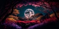Mysterious mystical forest in the night light of the moon. Generative AI Royalty Free Stock Photo