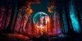 Mysterious mystical forest in the night light of the moon. Generative AI Royalty Free Stock Photo