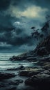 Mysterious and mystical night seaside landscape, grunge style poster. AI generated