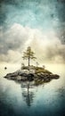 Mysterious and mystical seascape with rocky island, blue sea and yellow sky, grunge style poster. AI generated Royalty Free Stock Photo