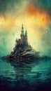 Mysterious and mystical seascape with rocky island, castle, blue sea and yellow sky, grunge style poster. AI generated Royalty Free Stock Photo