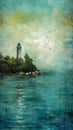 Mysterious and mystical seascape with rocky island, lighthouse, blue sea and yellow sky, grunge style poster. AI generated Royalty Free Stock Photo