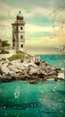 Mysterious and mystical seascape with rocky island, lighthouse, blue sea and yellow sky, grunge style poster. AI generated Royalty Free Stock Photo