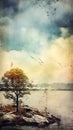 Mysterious and mystical seascape with rocky island, blue sea and yellow sky, grunge style poster. AI generated Royalty Free Stock Photo