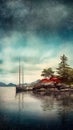 Mysterious and mystical seascape with rocky island, blue sea and yellow sky, grunge style poster. AI generated Royalty Free Stock Photo