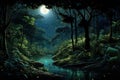 Mysterious Night forest jungle dark. Generate Ai Royalty Free Stock Photo