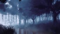 Mysterious night forest with spooky trees on river Royalty Free Stock Photo