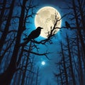 Mysterious nighttime scene featuring silhouetted trees against a full moon. Two crows perch on branches Royalty Free Stock Photo