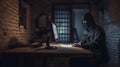 mysterious ninja working with computer in a basement, neural network generated art