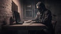 mysterious ninja working with computer in a basement, neural network generated art