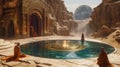 Ancient runes and a shimmering pool reflects of fantastical landscapes, AI generated Royalty Free Stock Photo