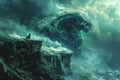 Mysterious Ocean Wave Engulfing Cliff with Lone Observer Digital Art Concept