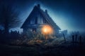 Mysterious old house in a foggy forest at night. Halloween concept. selective focus. Generative AI Royalty Free Stock Photo