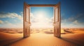 Mysterious Opened Door Standing Alone in the Desert. Generative ai