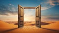 Mysterious Opened Door Standing Alone in the Desert. Generative ai