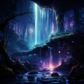 Mysterious, otherworldly cave illuminated by a moonlit stream in a forest at night, AI-generated.