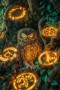 Mysterious Owl Illuminated by Enigmatic Glowing Runes in a Fantastical Forest Setting, Magical Wildlife Concept, Dark Fantasy