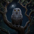Mysterious Owl Perched on a Tree Branch Under the Moonlight Royalty Free Stock Photo