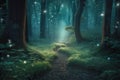 Mysterious path in night forest. Generative AI illustration Royalty Free Stock Photo
