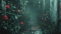 A mysterious pathway lined with lush foliage and vibrant red roses. A hint of mist adds to the enchanting atmosphere