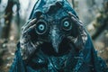 Mysterious Person in Bird Mask Standing in Moody Forest Dark Fantasy, Surreal Masquerade Concept