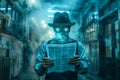 Mysterious Person with Glowing Eyes Wearing Hat Reading Newspaper in an Atmospheric Urban Night Scene