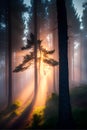 Mysterious pine tree in the mysterious foggy forest at sunrise Royalty Free Stock Photo