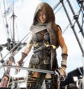 Mysterious pirate female standing on the deck of a ship with duel cutlasses in hand.