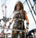 Mysterious pirate female standing on the deck of a ship with duel cutlasses in hand. Royalty Free Stock Photo