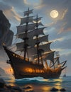 A mysterious pirate ship sailing in a gentle waves, on a stunning sea, with the moonlit, night scene, big rocks, fantasy