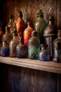 mysterious potion bottles on a dusty shelf