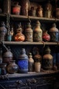 mysterious potion bottles on a dusty shelf