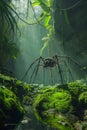 Mysterious Rainforest with Exotic Spider Overlooking Ancient Forest Floor Covered in Lush Green Moss Royalty Free Stock Photo