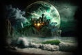 Halloween background with haunted castle and moon