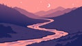 Mysterious River Flowing Through Dark Mountain Valley, vector design Generative AI Royalty Free Stock Photo