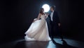 Mysterious and romantic meeting, the bride and groom under the moon. Hugs together. Royalty Free Stock Photo