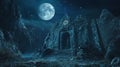 Mysterious ruins under the moonlight, casting shadows on ancient stones and a forgotten clock telling time. What secrets lie Royalty Free Stock Photo