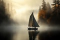 Mysterious Sailboat foggy lake. Generate Ai