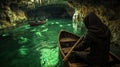 Mysterious scene inside a cave with greenish water Royalty Free Stock Photo