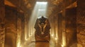 A mysterious scene inside a pyramids hidden chamber where artifacts glow with an unearthly light under the watchful eyes of an