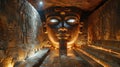 A mysterious scene inside a pyramids hidden chamber where artifacts glow with an unearthly light under the watchful eyes of an